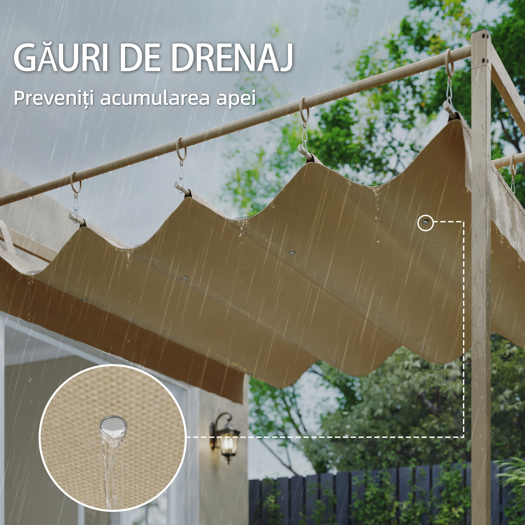  Pergola Gazebo 3x3 m cu Acoperis Retractabil, Orificii de Drenaj, Pergola de Gradina din Poliester si Otel, pentru Patio, Terasa, Exterior, UV30+, Bej [6]