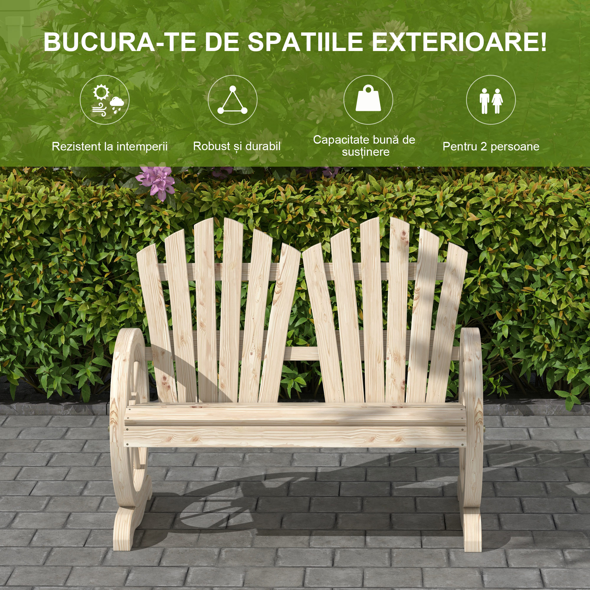  Banca de Gradina cu 2 Locuri, Cotiere in Forma de Roata, Banca de Exterior din Lemn de Brad, pentru Terasa, Patio si Curte, 108x66x95 cm, Culoare Lemn [5]