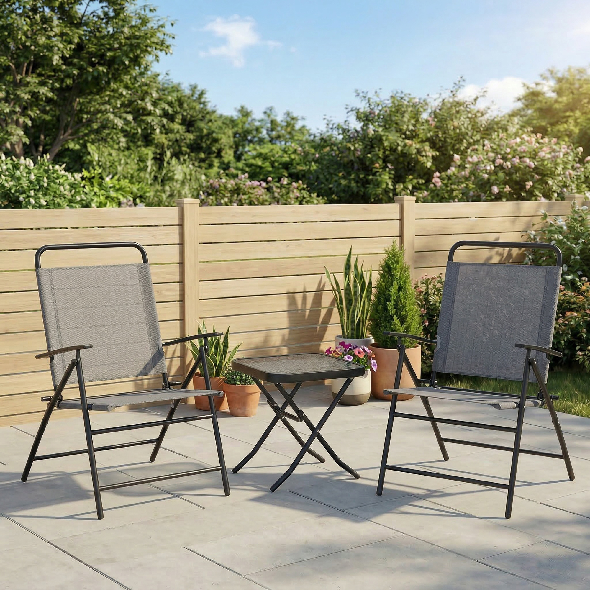  Set de Gradina cu Masa cu Blat din Sticla si 2 Scaune Pliabile cu Spatar Reglabil, Gri [1]