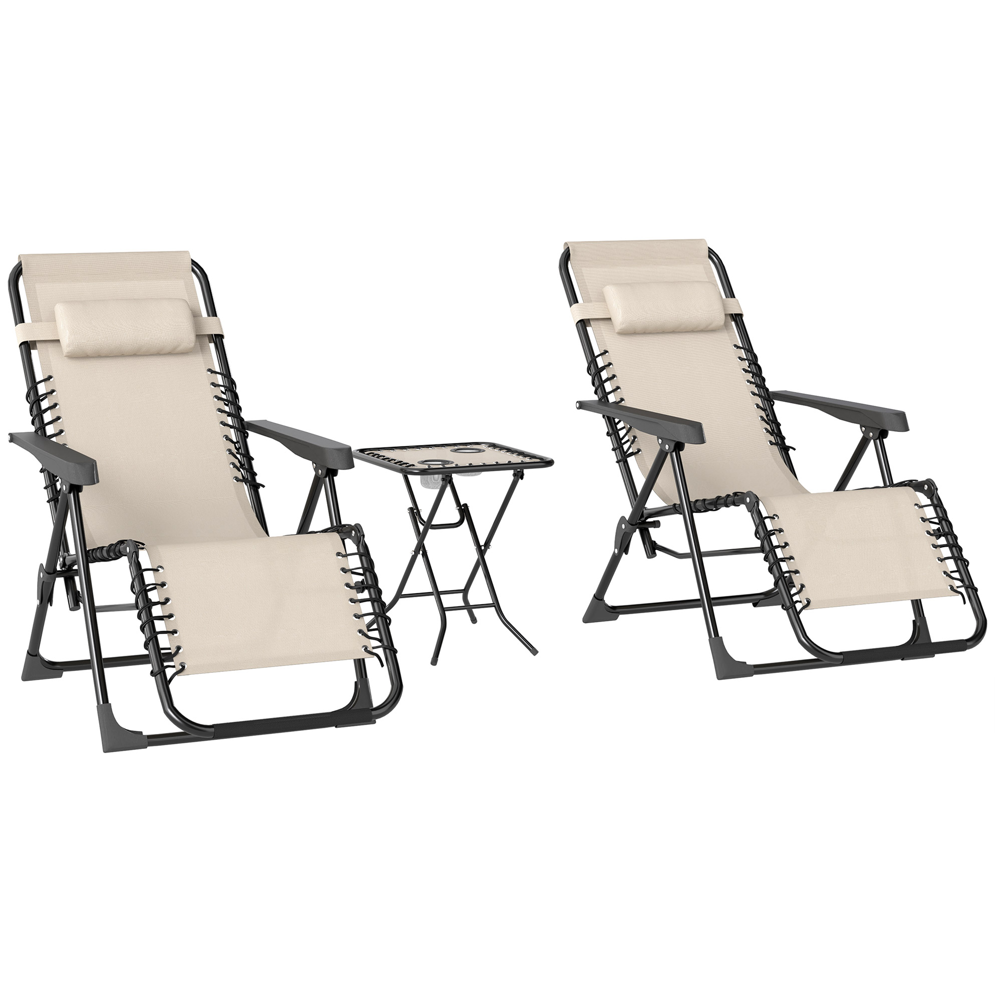 Gradina & balcon -  Set de 2 sezlonguri de Gradina cu Gravitatie Zero si Masuta cu Suport pentru Pahare, 47x47x54 cm, Bej