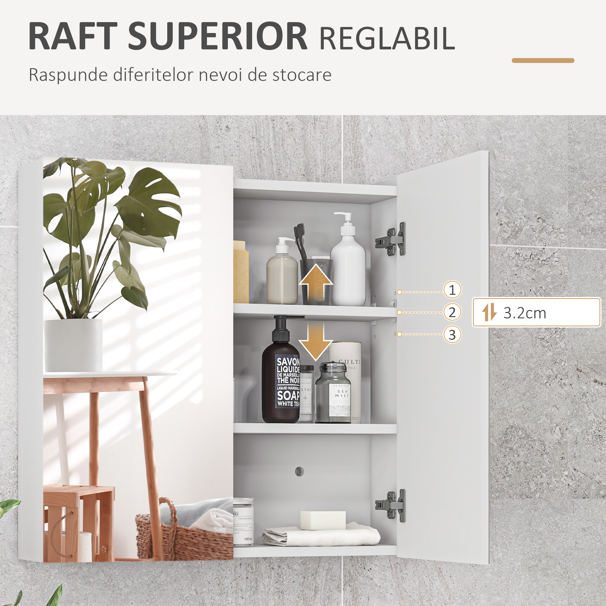  Dulap cu Oglinda pentru Baie cu 2 Usi Soft Close, 60x15x60 cm, Rafturi Reglabile, Dulap Suspendat Spatiu Economic, Alb Lucios [4]