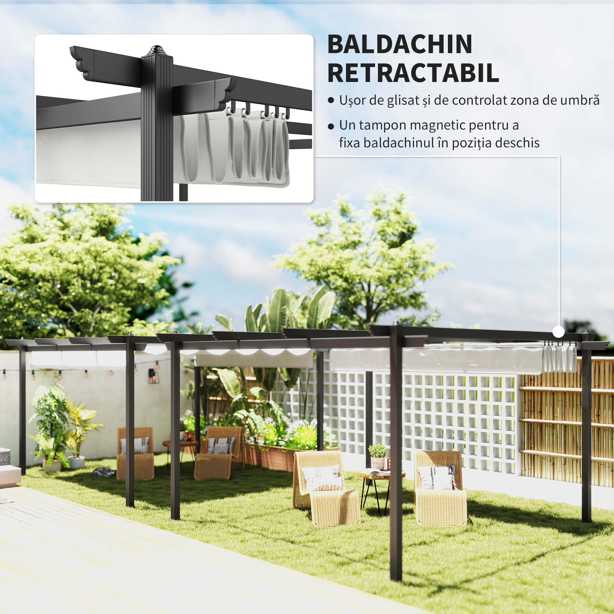  Pergola Retractabila cu Structura din Aluminiu, Copertina de Soare pentru Gradina sau Terasa, 390x390x223 cm, Alb [3]