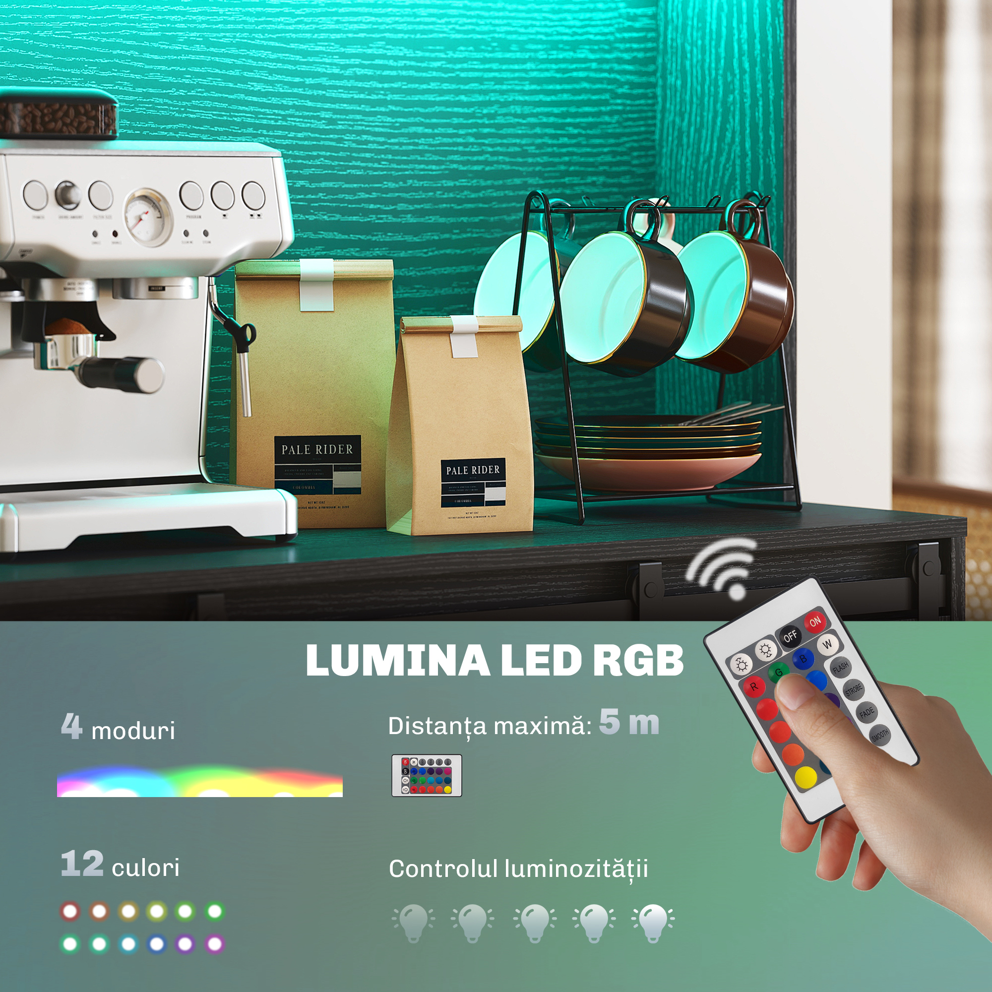  Bufet de Bucatarie cu Suport pentru Sticle, Priza si Iluminare LED, Negru [5]