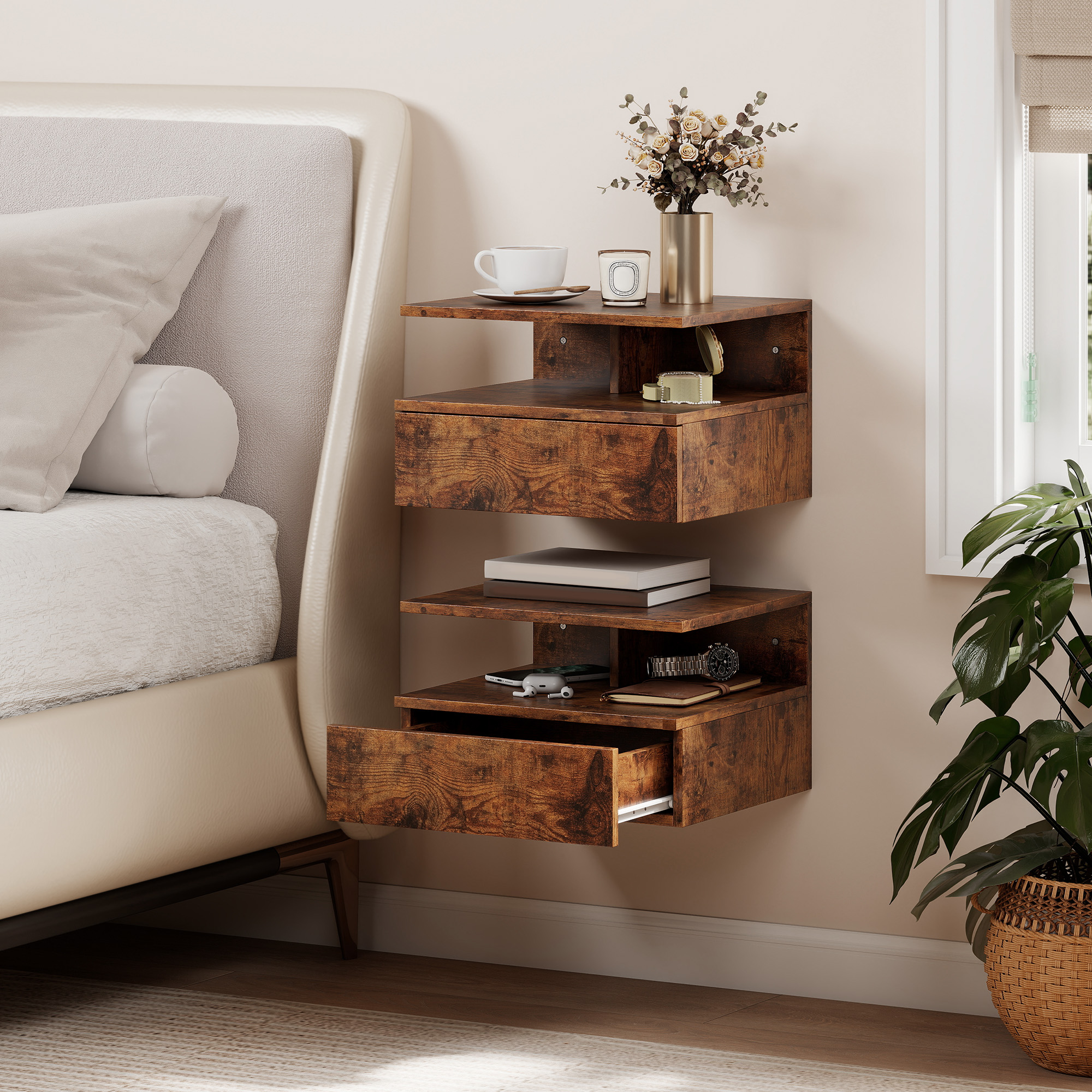  Set de 2 Noptiere Suspendate cu Sertar si Raft Deschis, 35x32x22.5 cm, Maro Rustic [1]