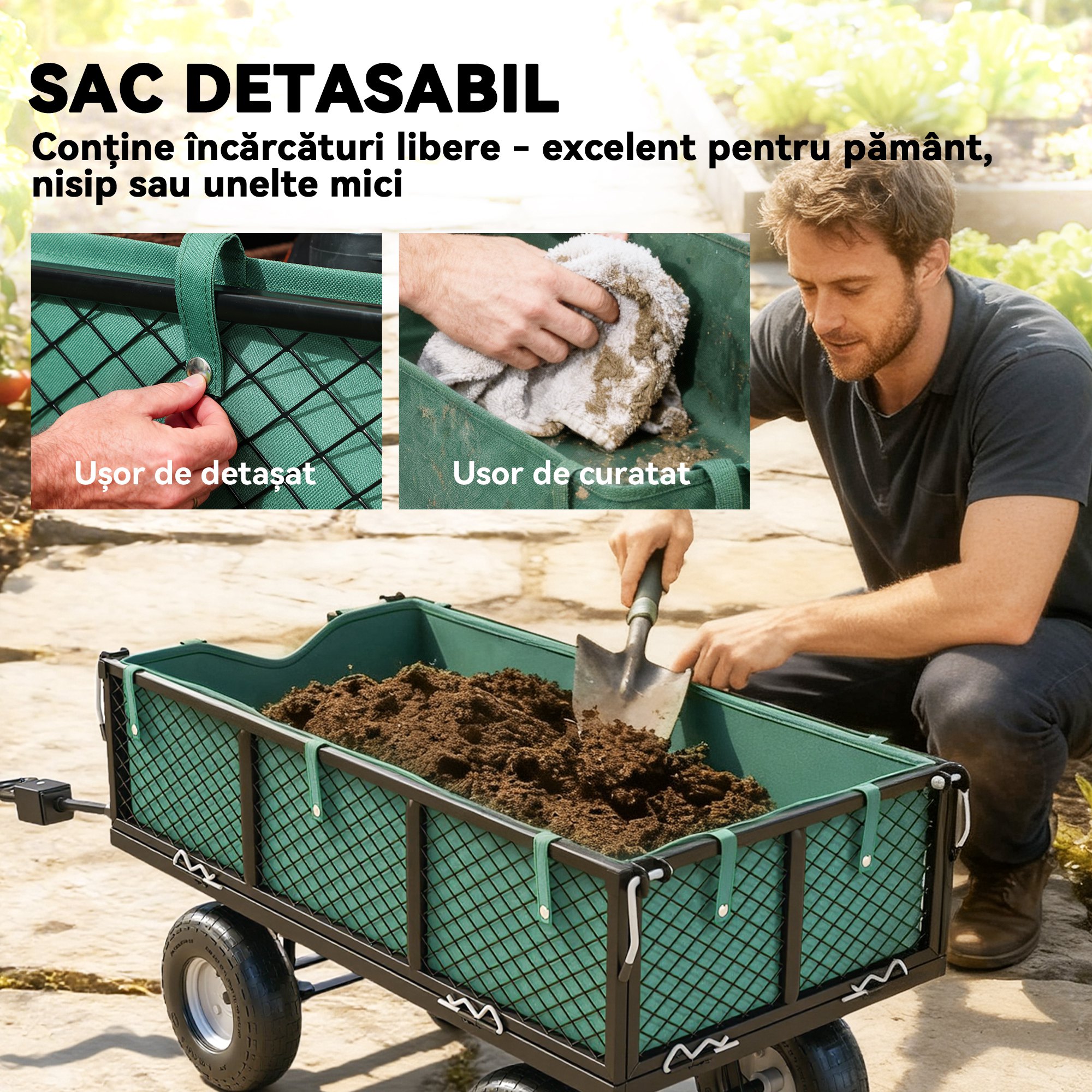  Carucior de Gradina de 114L cu Pereti Laterali Detasabili si Maner Rotativ, 105x51x54 cm, Negru [4]