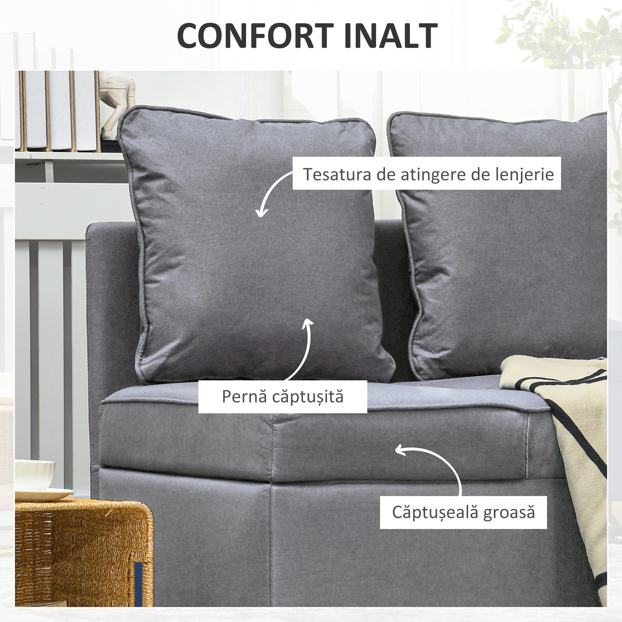  Fotoliu Pat 3 in 1 cu Spatar Reglabil, din Material Textil cu Efect de In si Lemn, 98x71x67 cm, Gri inchis [3]