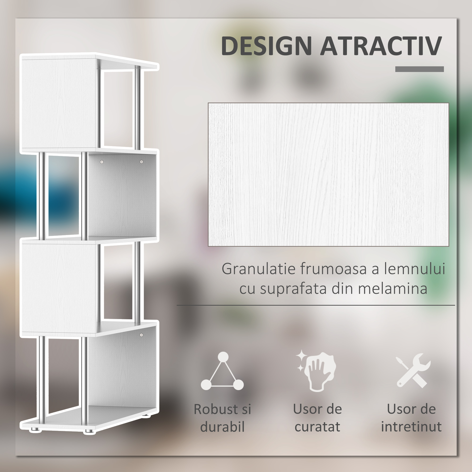  biblioteca moderna, 4 rafturi, 80x30x145cm alb [4]