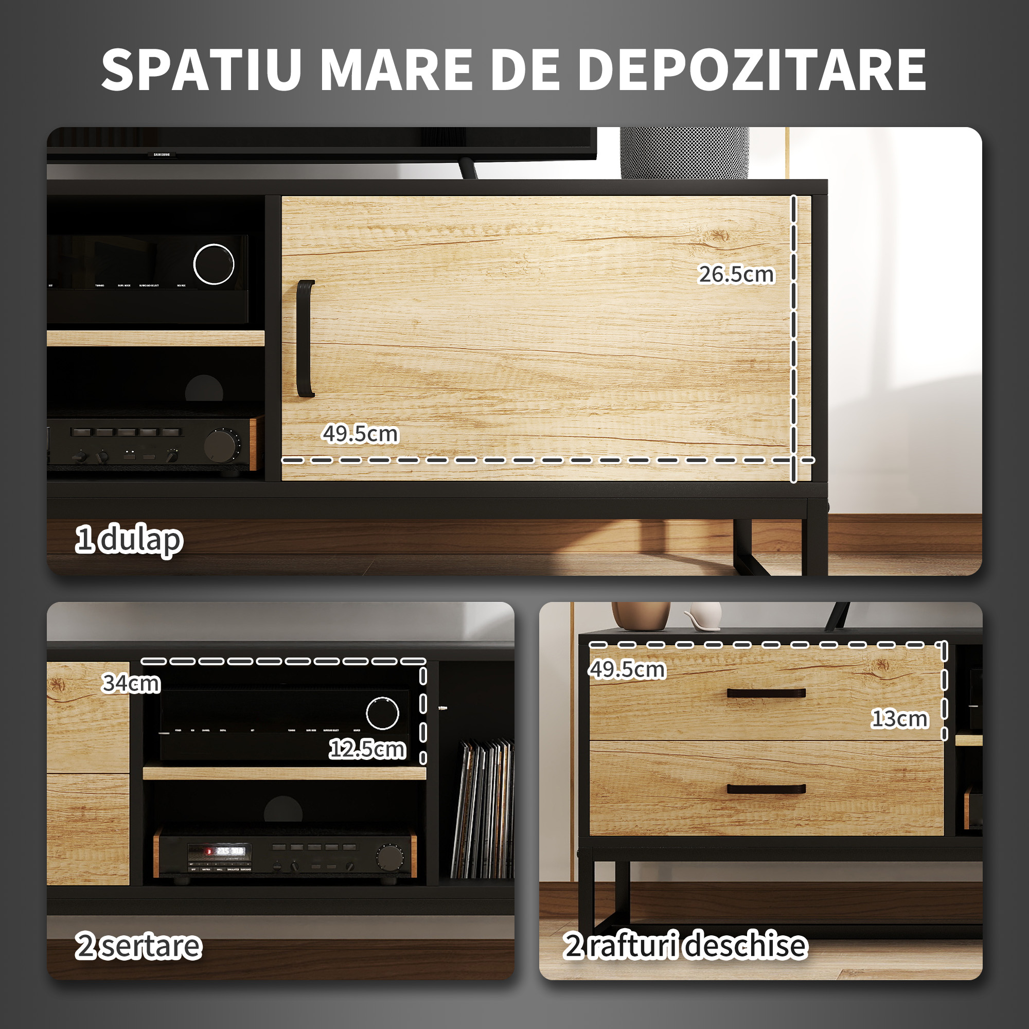  Mobilier pentru TV de 60" cu Dulapior, 2 Sertare si Rafturi Deschise Reglabile, 140x35x45 cm, Lemn Natural [4]