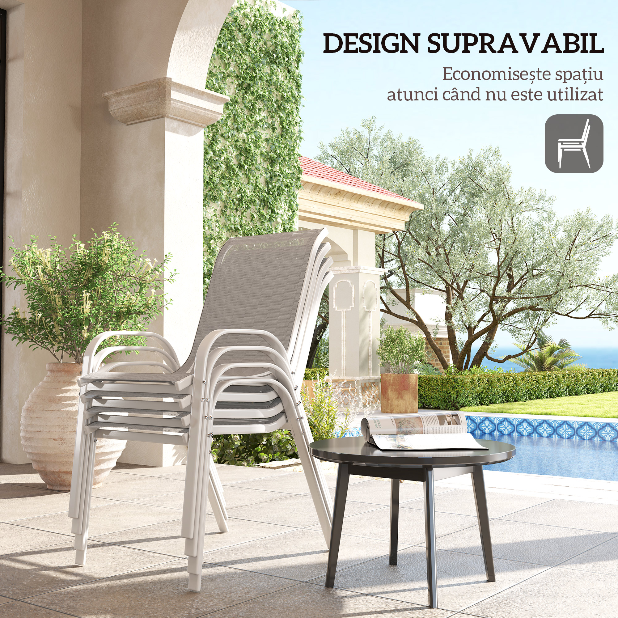  Set 4 Scaune de Gradina Stivuibile cu Brate Curbate, din Otel si tesatura Respirabila, 54x71x93 cm, Gri Alb [3]