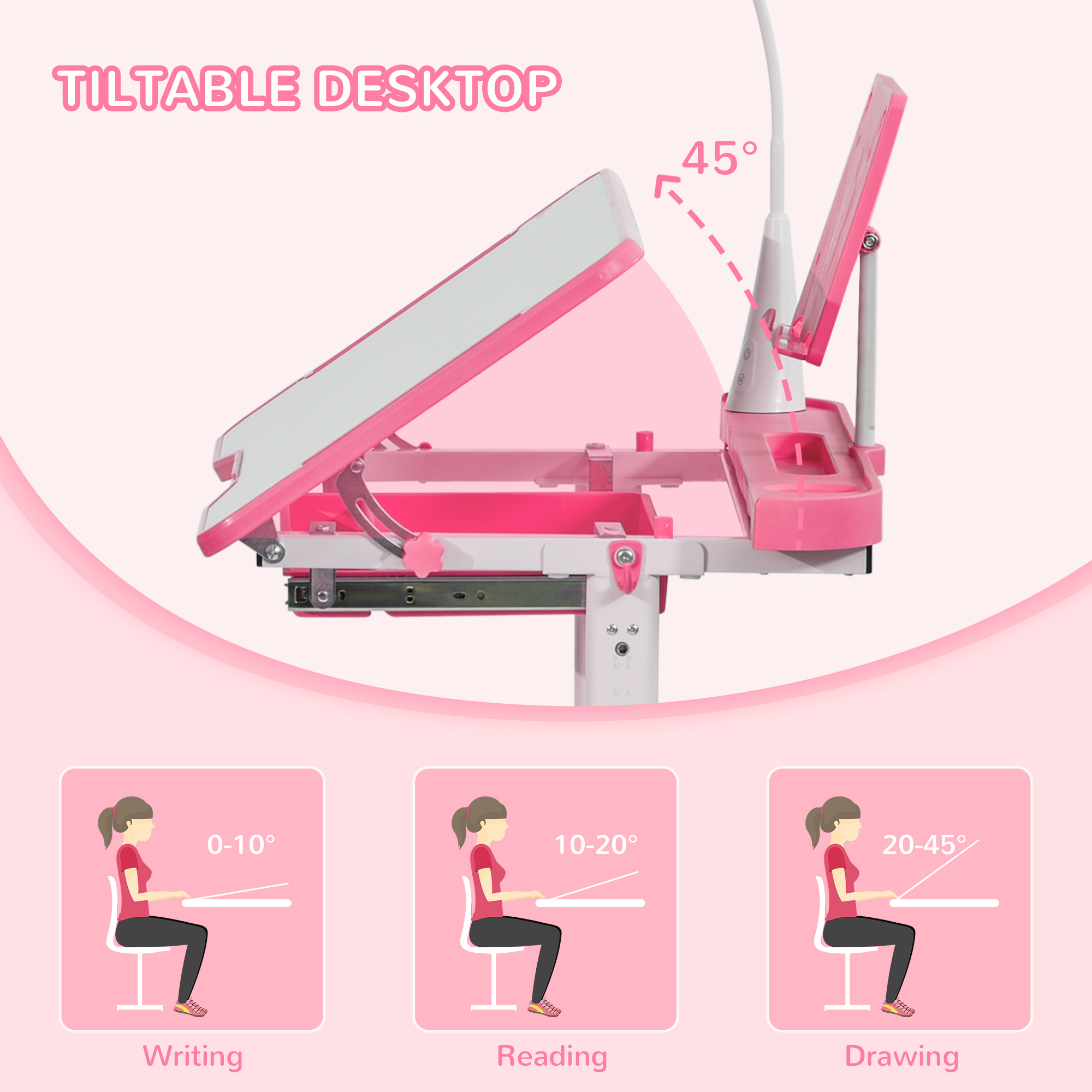  Birou pentru Copii cu Scaun Reglabil, Masa cu Sertar, Lampa si Suprafata inclinabila, 80x49,5x82-104 cm, Roz [5]