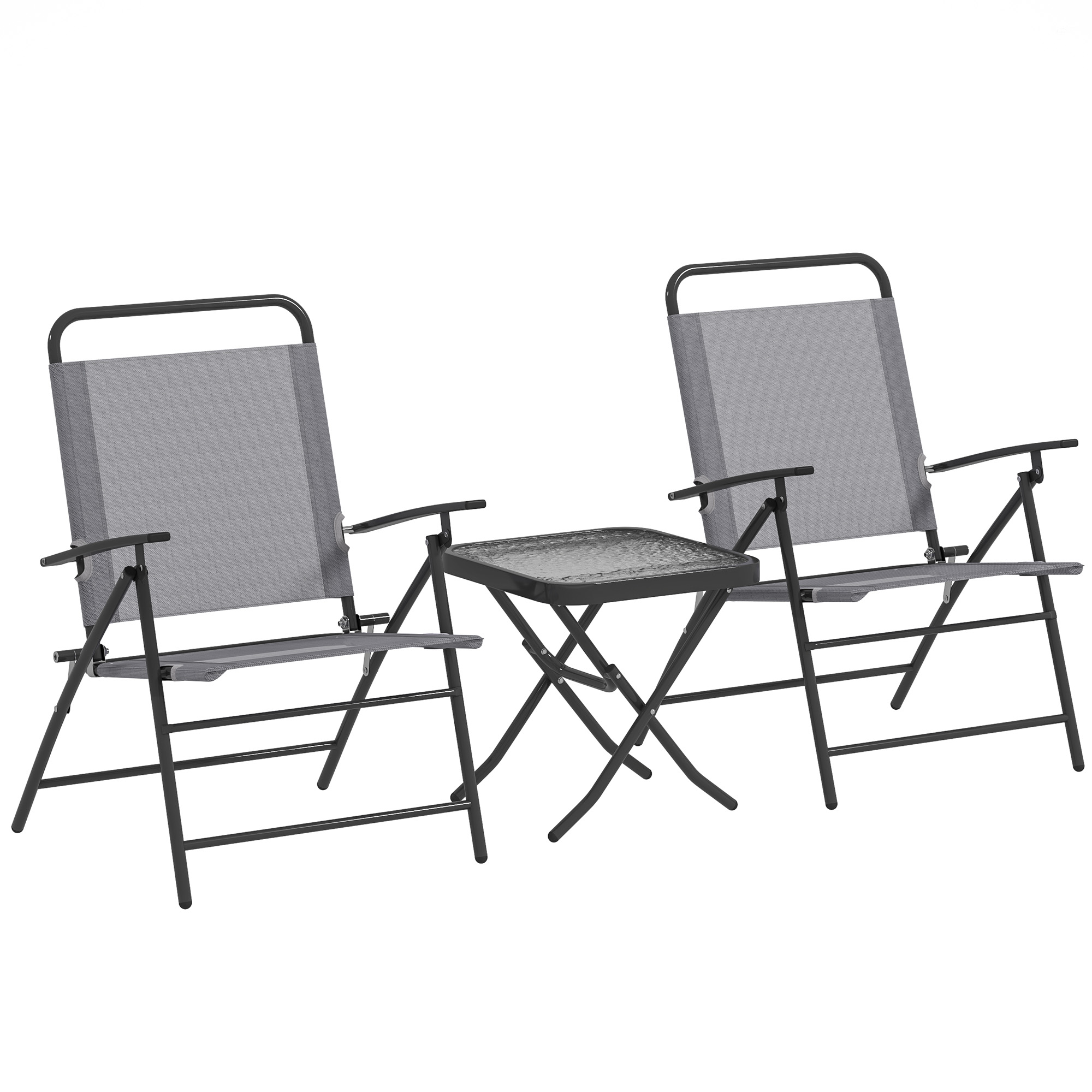 Gradina & balcon -  Set de Gradina cu Masa cu Blat din Sticla si 2 Scaune Pliabile cu Spatar Reglabil, Gri