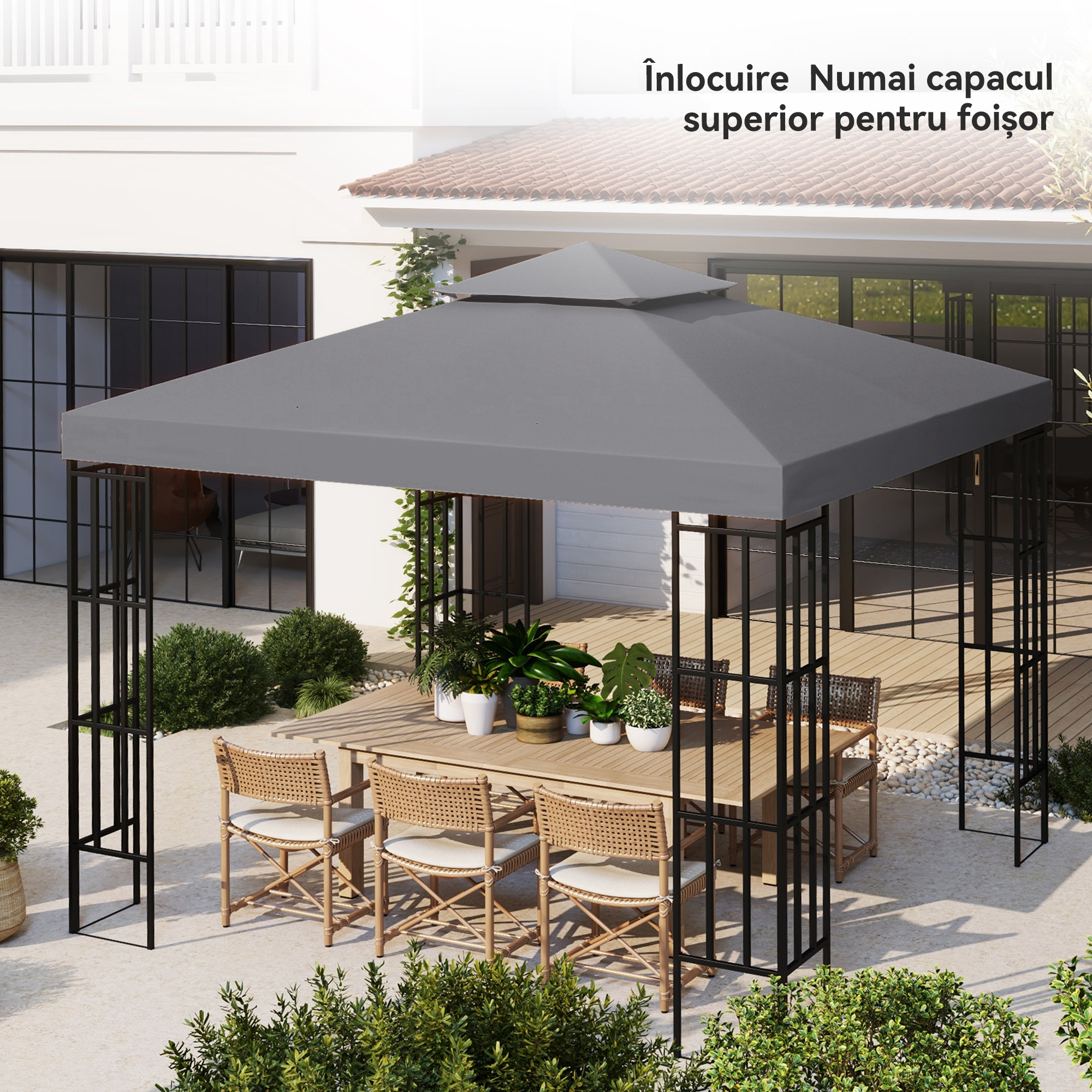  Acoperis de Rezerva pentru Foisor 3x3m cu Design pe Doua Niveluri, Rezistent la Razele UV, Gri inchis [6]