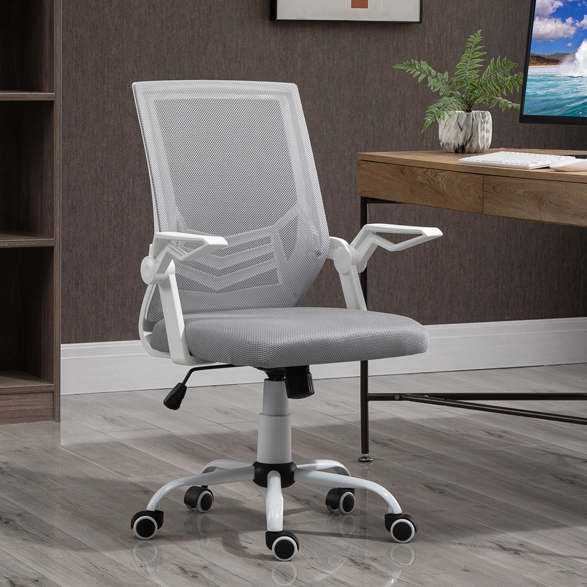  Sedia da Ufficio Ergonomica con Braccioli e Supporto Lombare, in Tessuto Effetto Lino, 62.5x55x94-104 cm, Grigia [1]