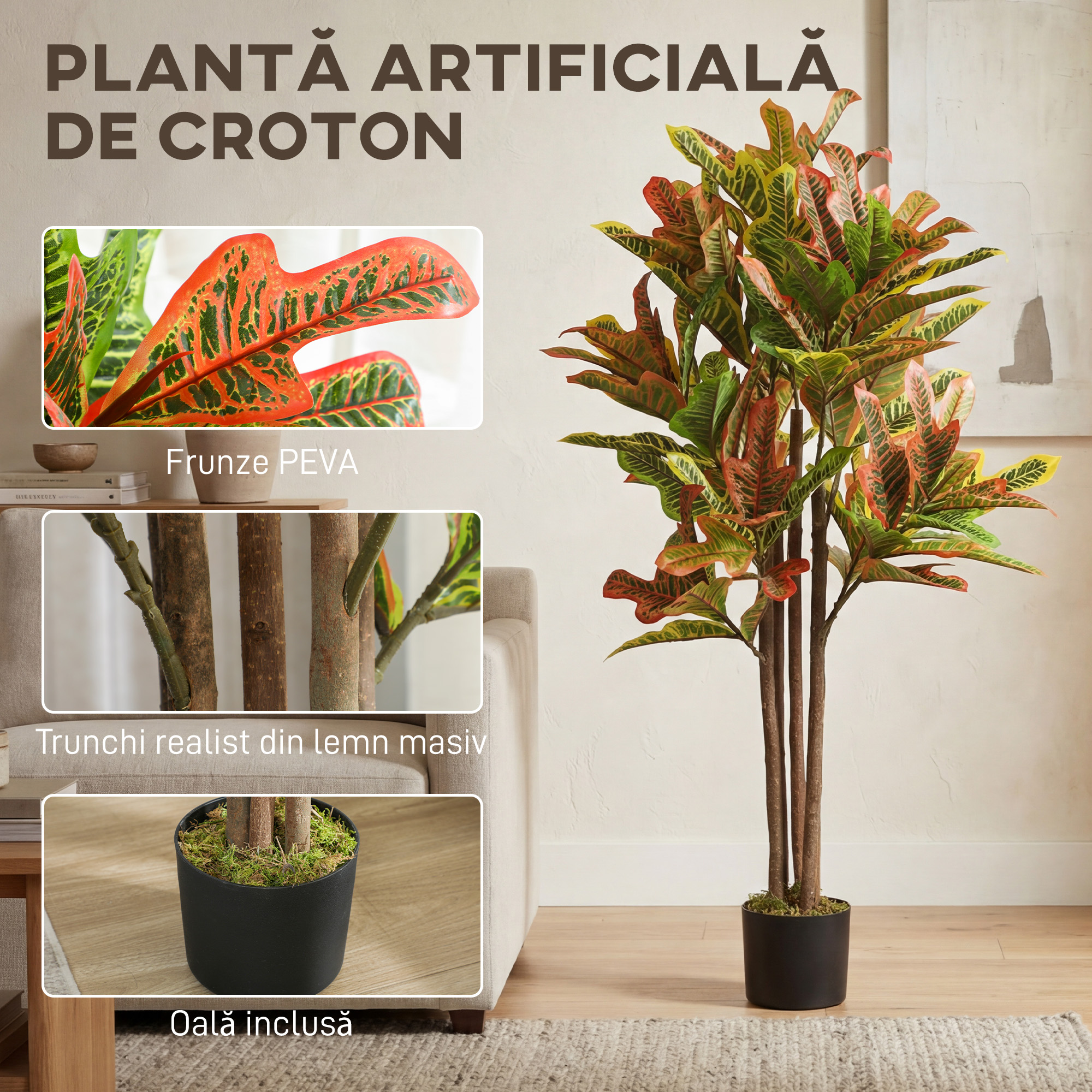  Planta Artificiala Croton cu 139 Frunze Modelabile si Ghiveci Alb din PP si Ciment, Planta Falsa din PEVA si Lemn, 55x55x120 cm, Multicolor [3]