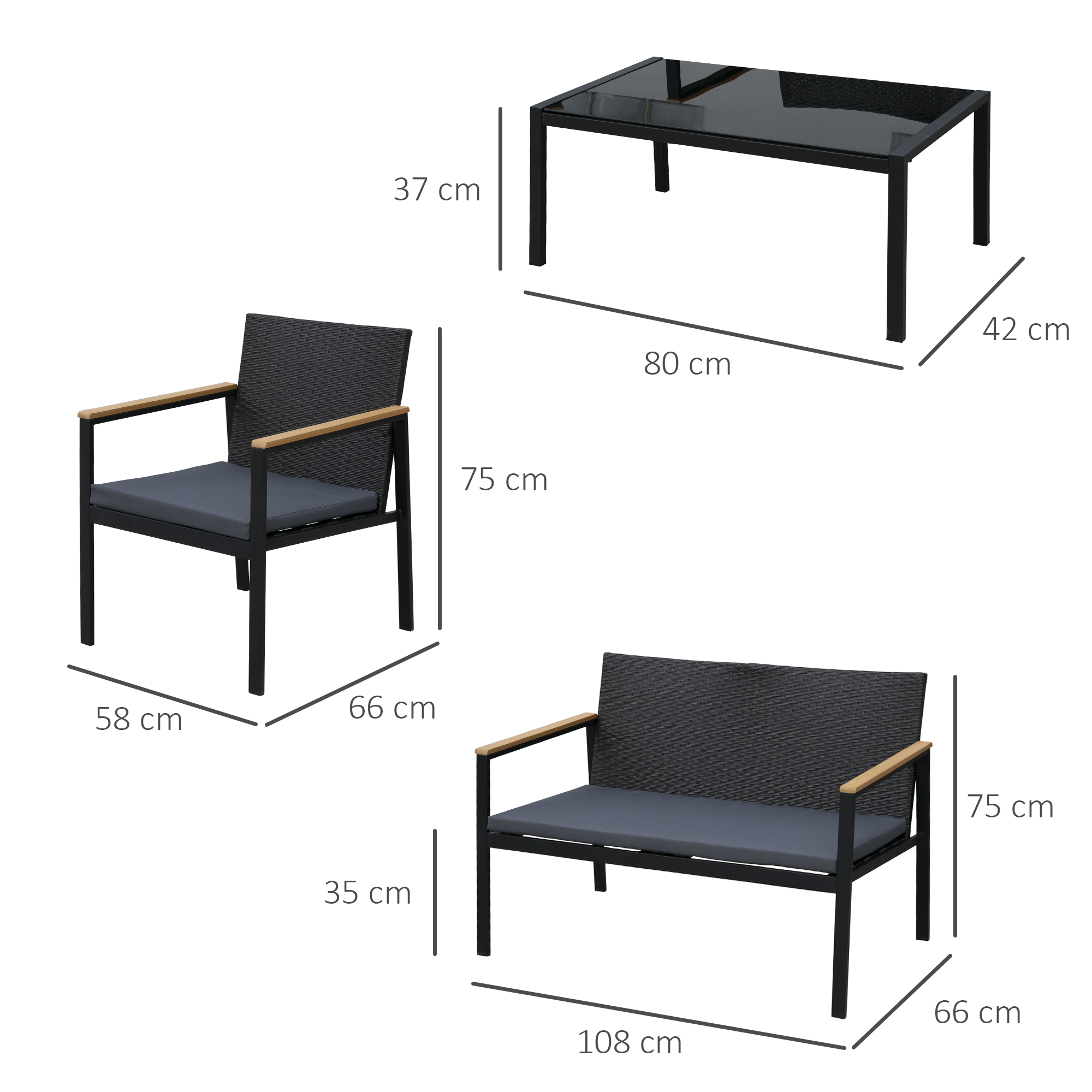  Set Mobilier de Gradina din Ratan din 2 Scaune cu Brate pentru Terasa, Banca si Masa de Cafea, 80x42x37 cm, Negru [2]