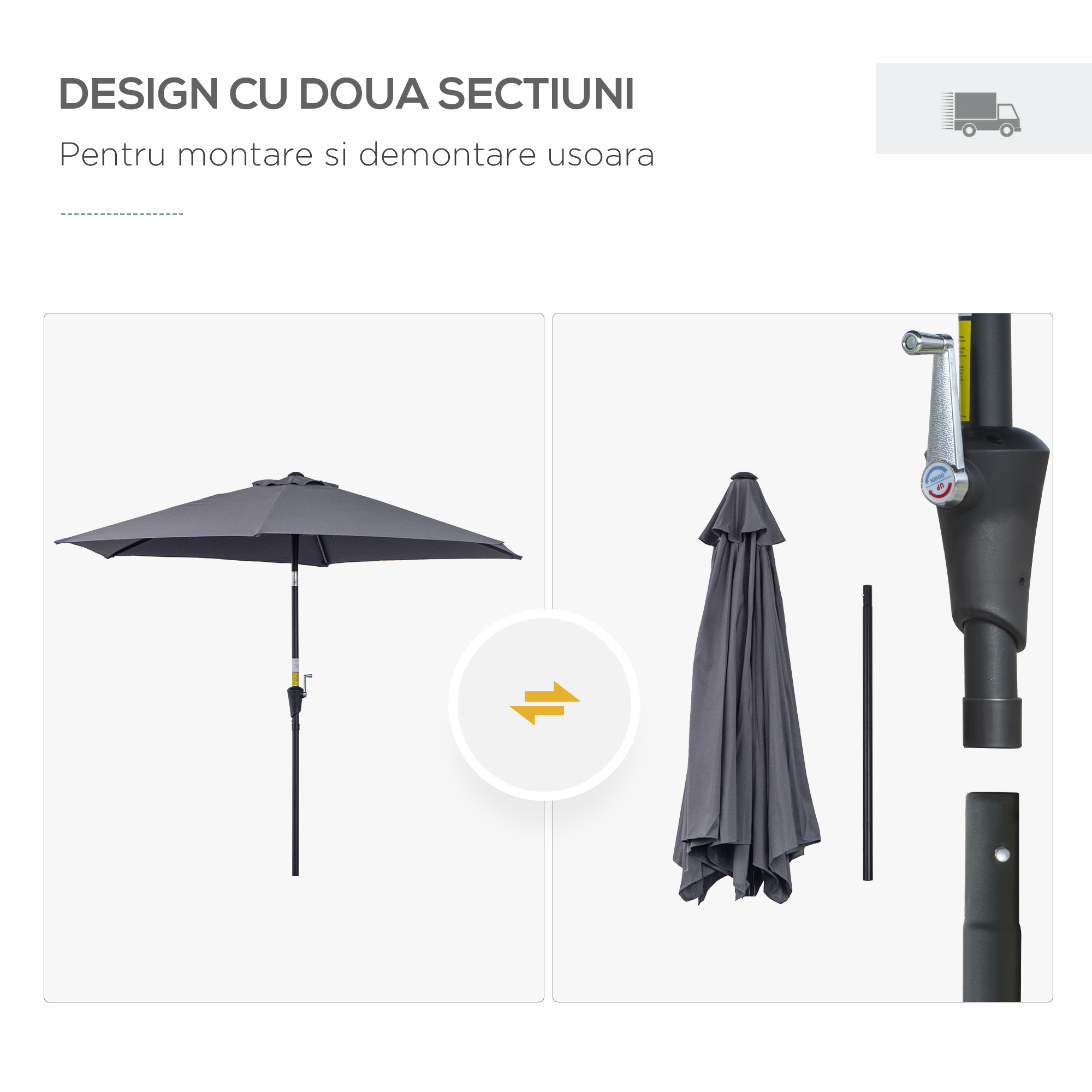  Umbrela de Gradina cu Manivela, din Aluminiu si Poliester Gri si Negru, Φ2,6x2,35m [6]