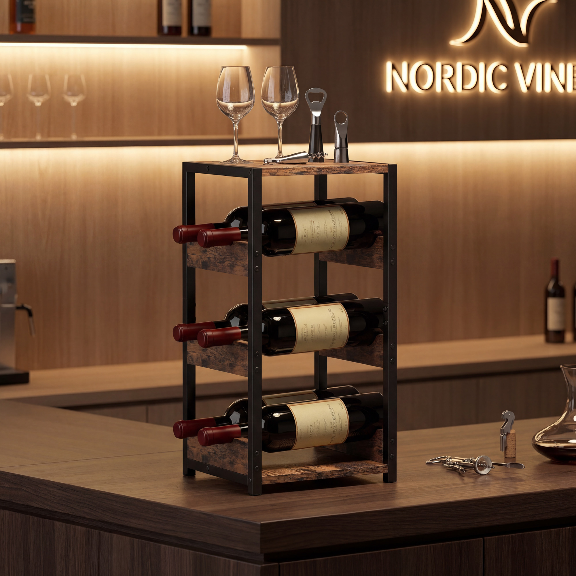  Suport pentru Sticle, Rafturi Ondulate, Picioare Reglabile, Maro Rustic, Negru [8]