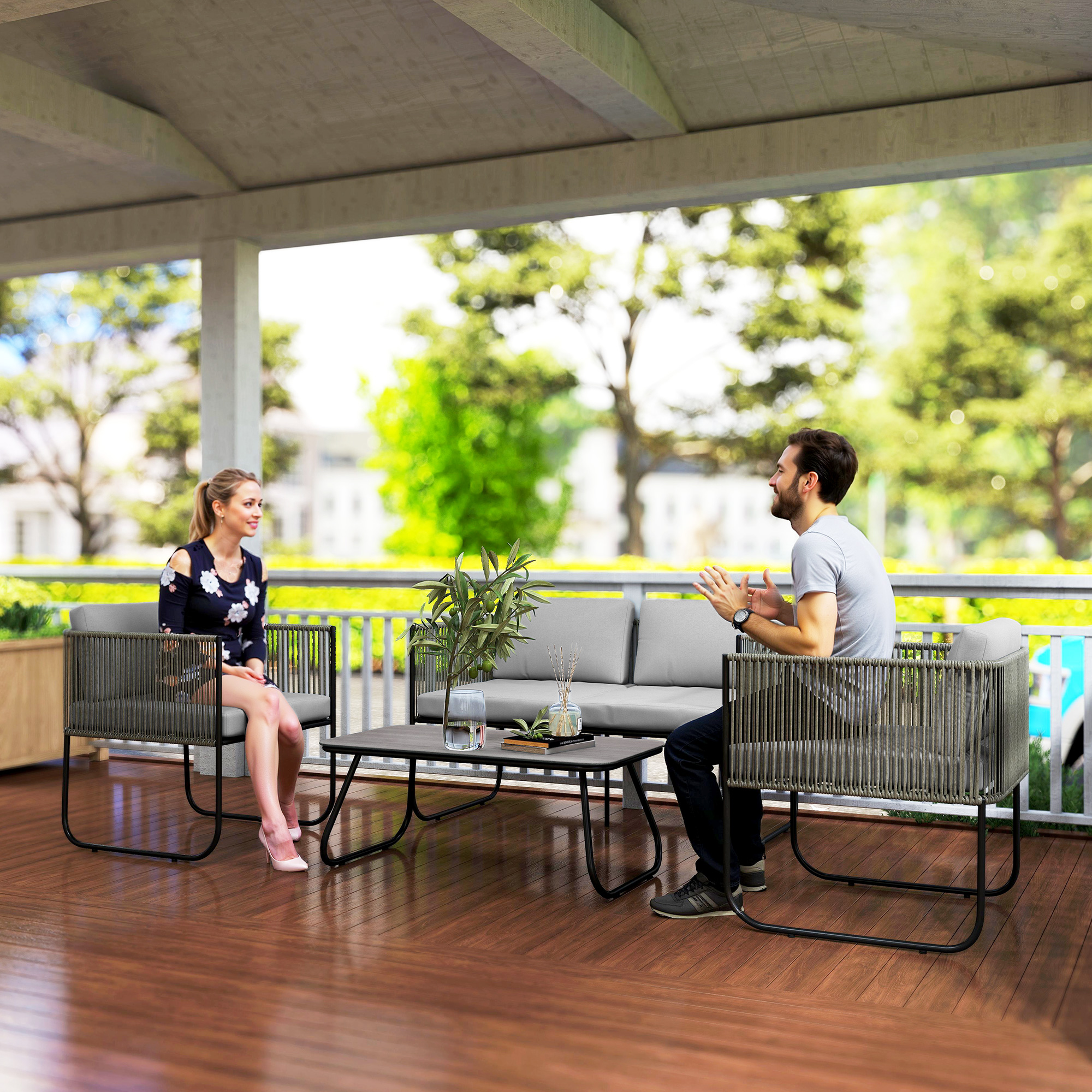  Set de Gradina din Ratan cu Canapea de 2 Locuri, 2 Fotolii si Masuta cu Sticla, Perne Detasabile, Gri [1]