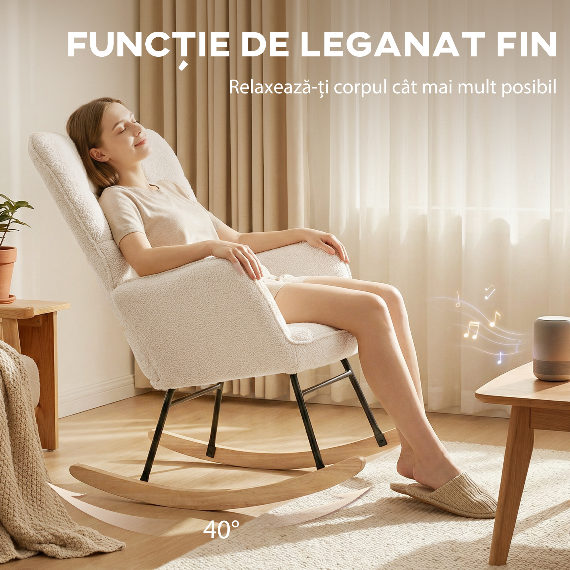  Fotoliu Balansoar Tapitat din Lemn si Otel pentru Living si Dormitor, 71x98x101 cm, Bej [3]