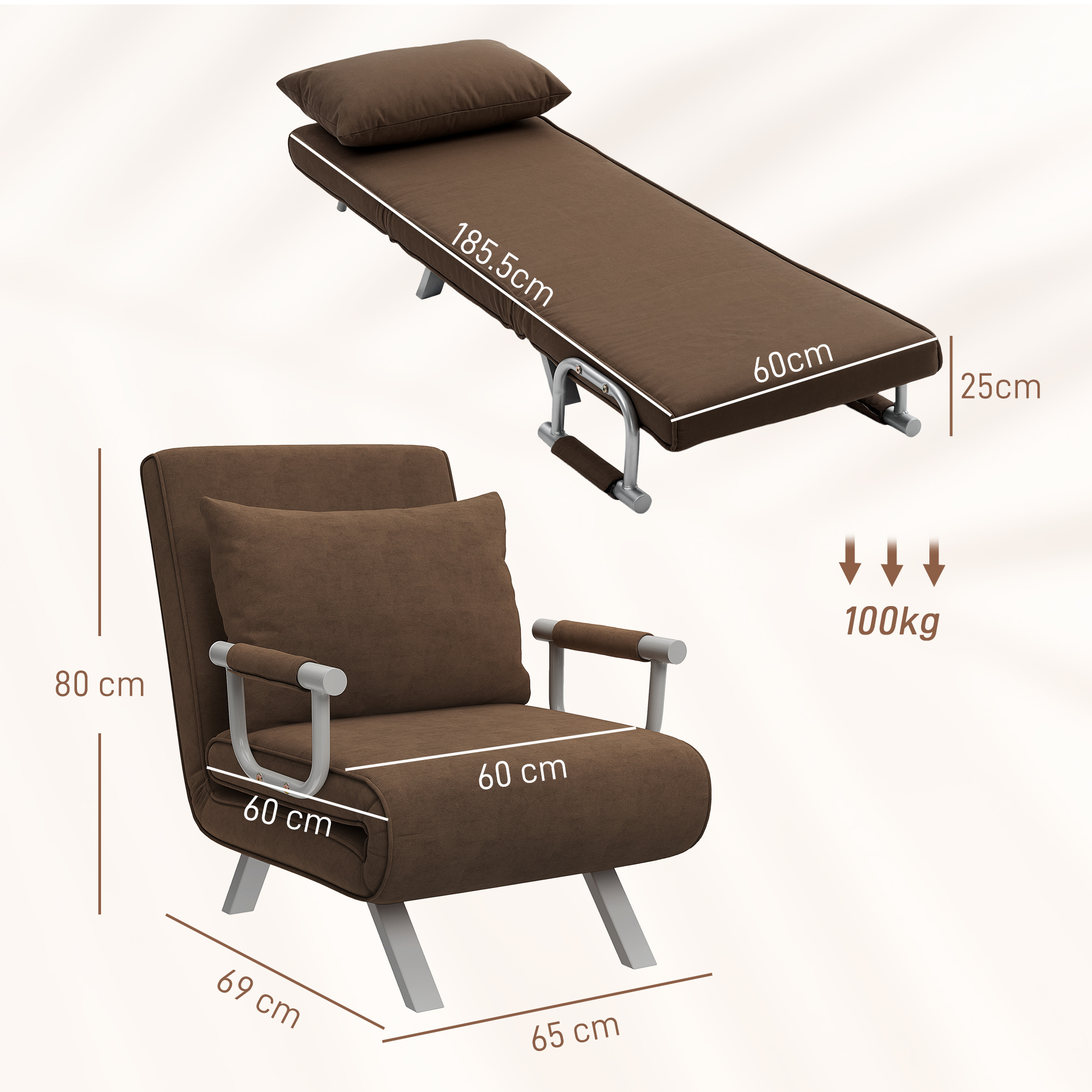  Fotoliu Pat Individual 3 in 1 cu Spatar Reglabil pe 5 Nivele si Perna, 65x69x80 cm, Maro [2]