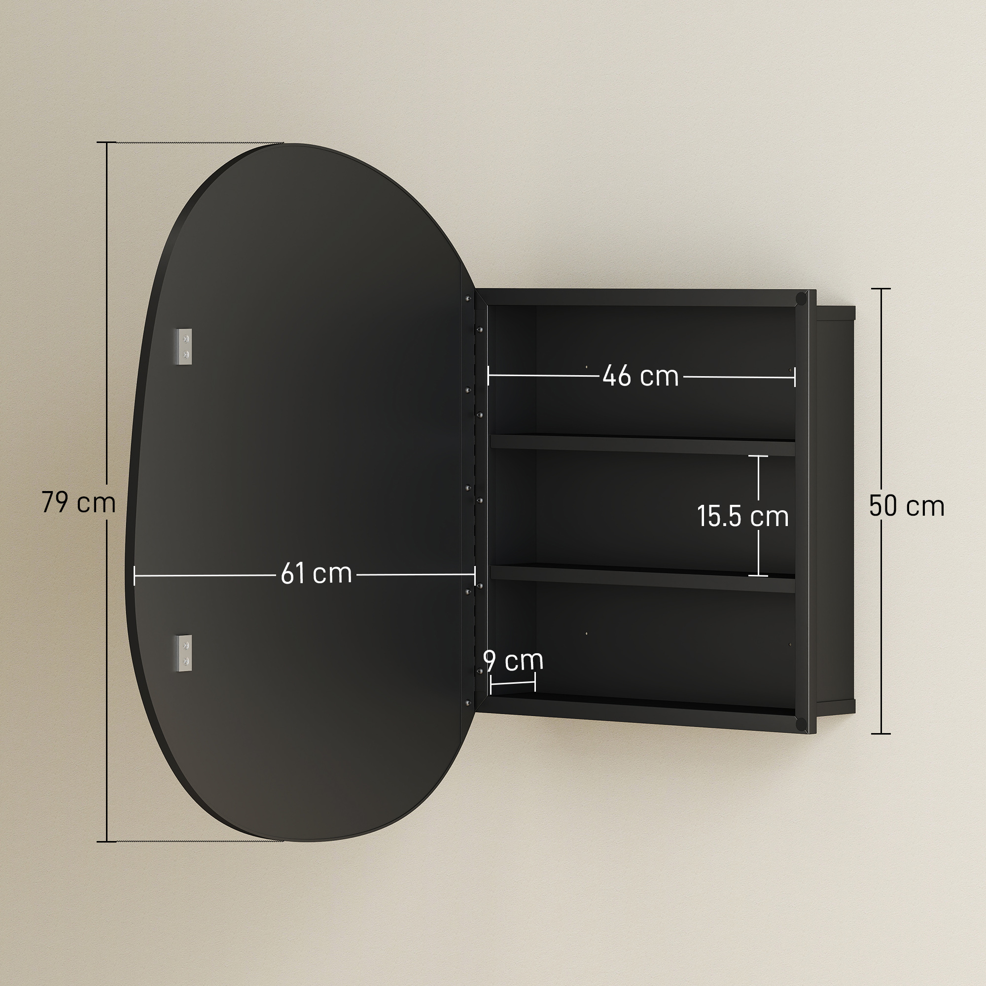 Dulap de Baie cu Oglinda si 3 Rafturi Interioare, Aluminiu si Metal, 61x12x79 cm, Negru [2]