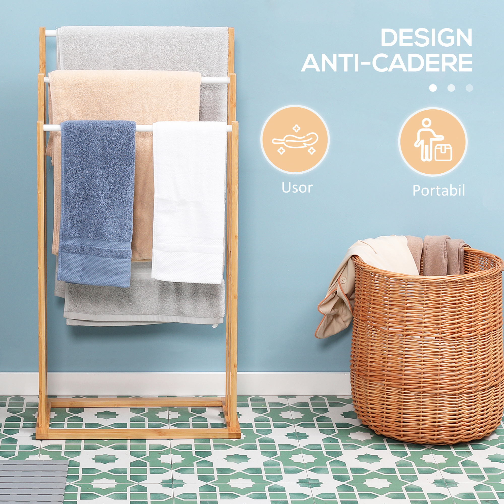  Suport pentru prosoape din bambus cu 3 bare, suport pentru prosoape pe trei niveluri care economiseste spatiu pentru baie si spalatorie, natural [4]