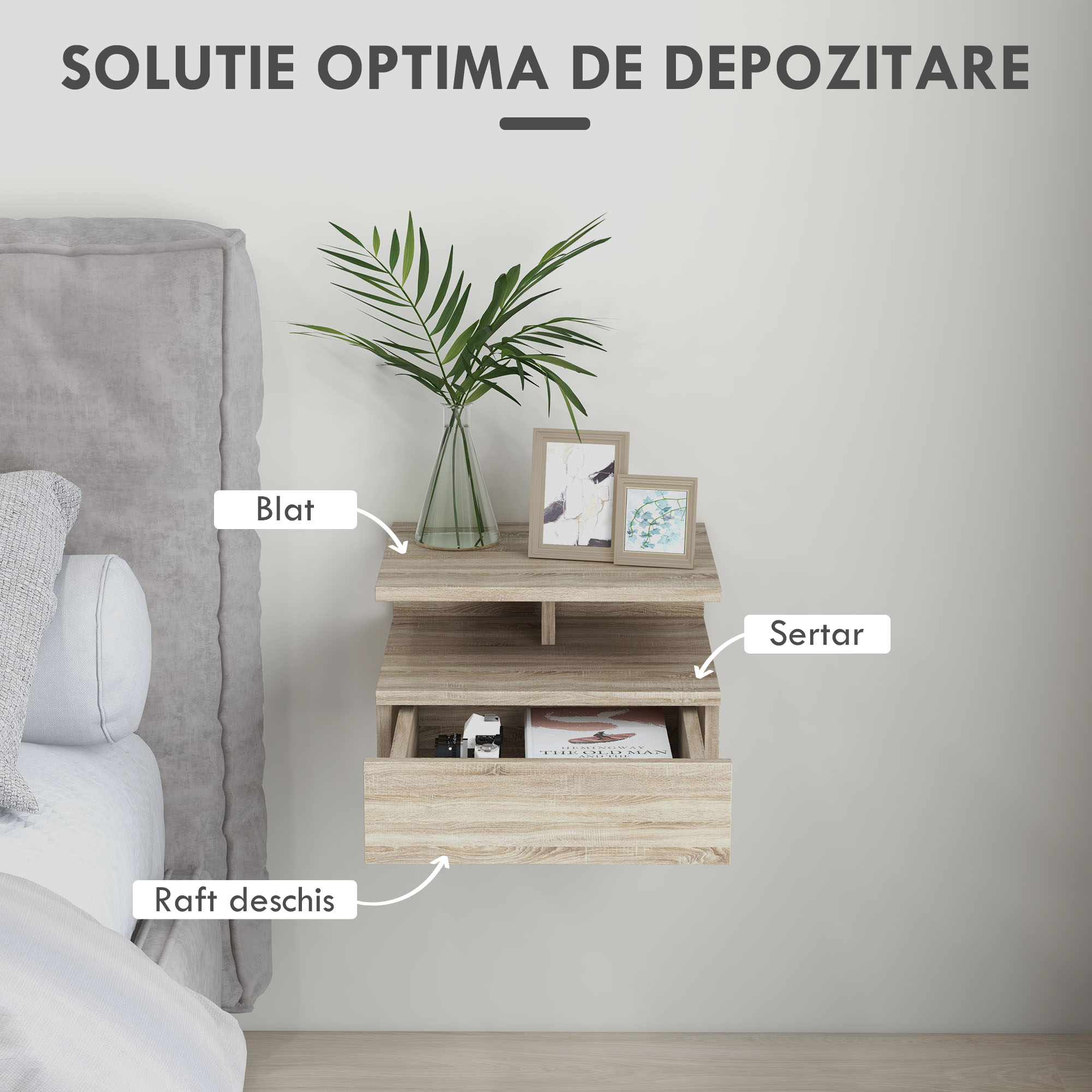  Set de 2 noptiere moderne suspendate pentru dormitor cu sertar si raft din lemn 35x32x22,5cm, stejar [4]