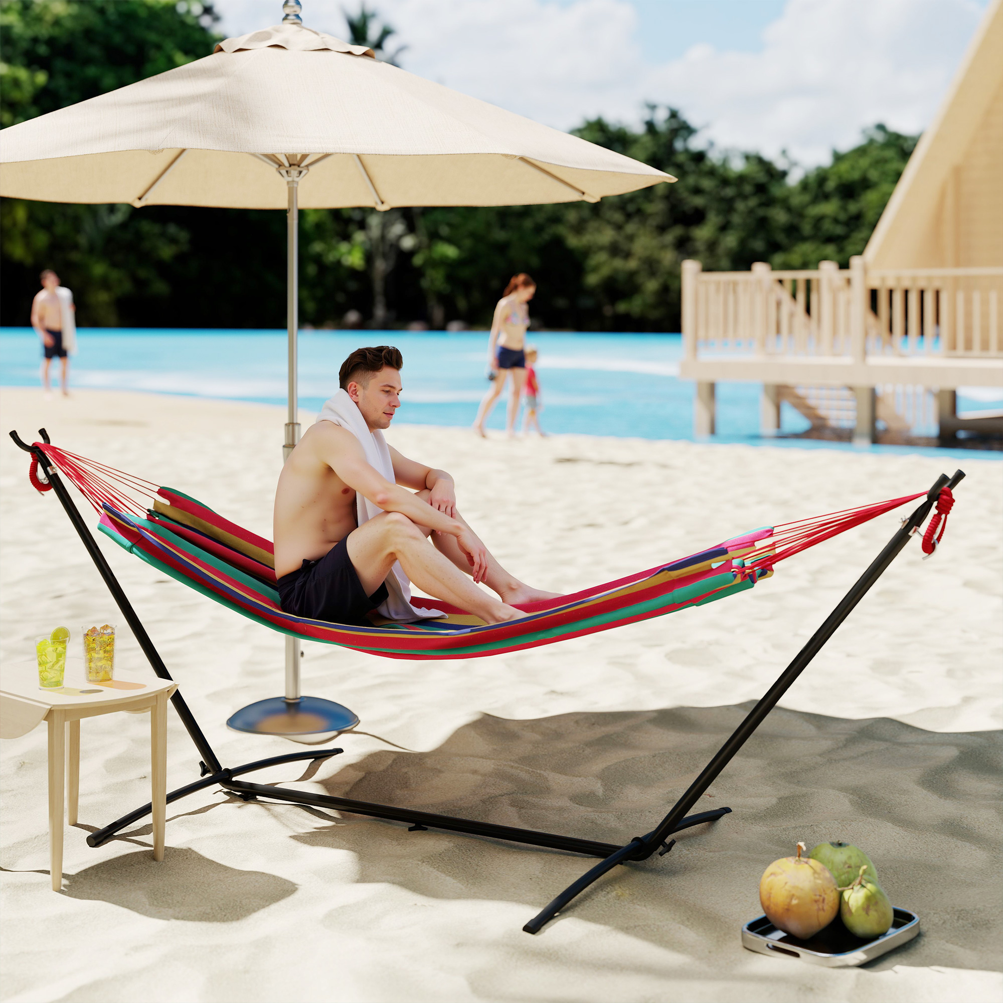  Hamac cu Suport 310x117cm pentru Camping cu inaltime Reglabila si Geanta de Transport, Capacitate 120 kg, Dungi Portocaliu si Rosu [1]