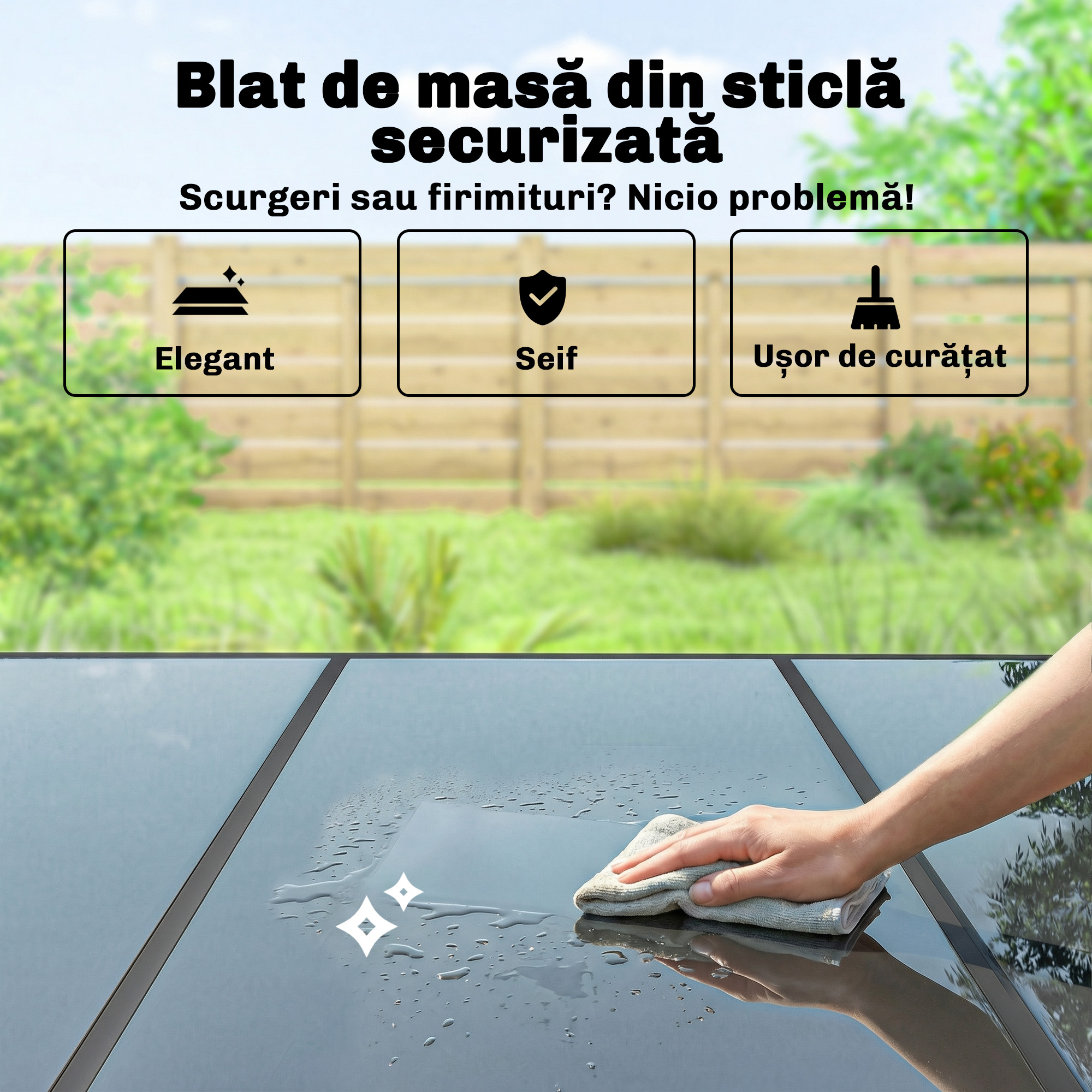  Set de Gradina 7 piese din Otel cu 6 Scaune Stivuibile din Textilena si Masa de Cafea cu Blat din Sticla, Negru [6]