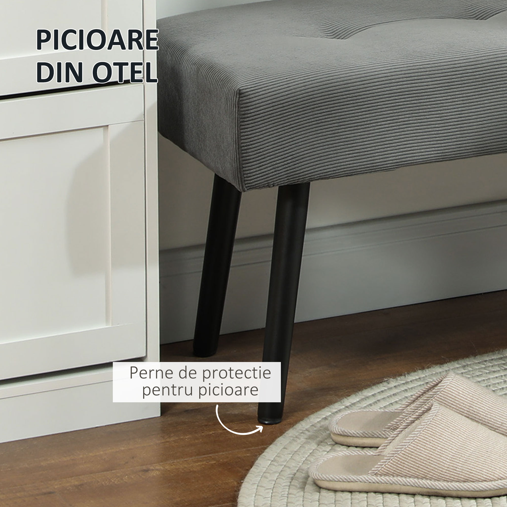  Banca pentru capatul patului matlasata din material textil cu efect catifelat cu nervuri si otel, 100x36x45 cm, gri [4]