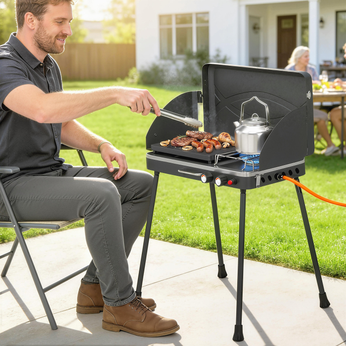  2-in-1 Portabil Gratar pe Gaz Propan, Grill si Aragaz, 7 kW, Negru [2]