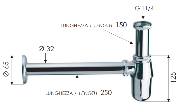 Sifon rigid pentru lavoar Remer Rubinetterie 970Z114, diametru 32 mm, lungime 250 mm, alama cromata, finisaj lucios [2]