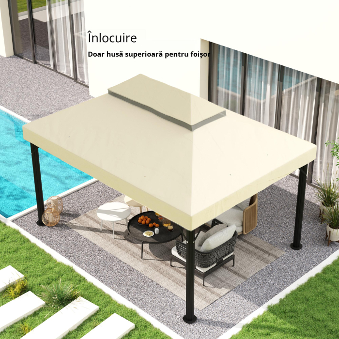  Acoperire pentru Foisor de Gradina 3x4 m cu 2 Niveluri din Material Oxford 600D cu Orificii de Drenaj, Alb-Crem [4]