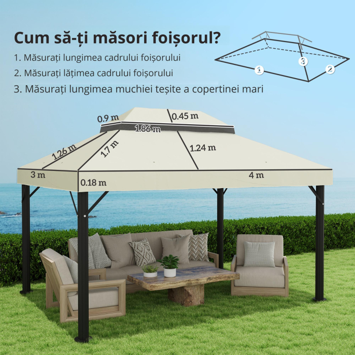  Acoperire pentru Foisor de Gradina 3x4 m cu 2 Niveluri din Material Oxford 600D cu Orificii de Drenaj, Alb-Crem [2]