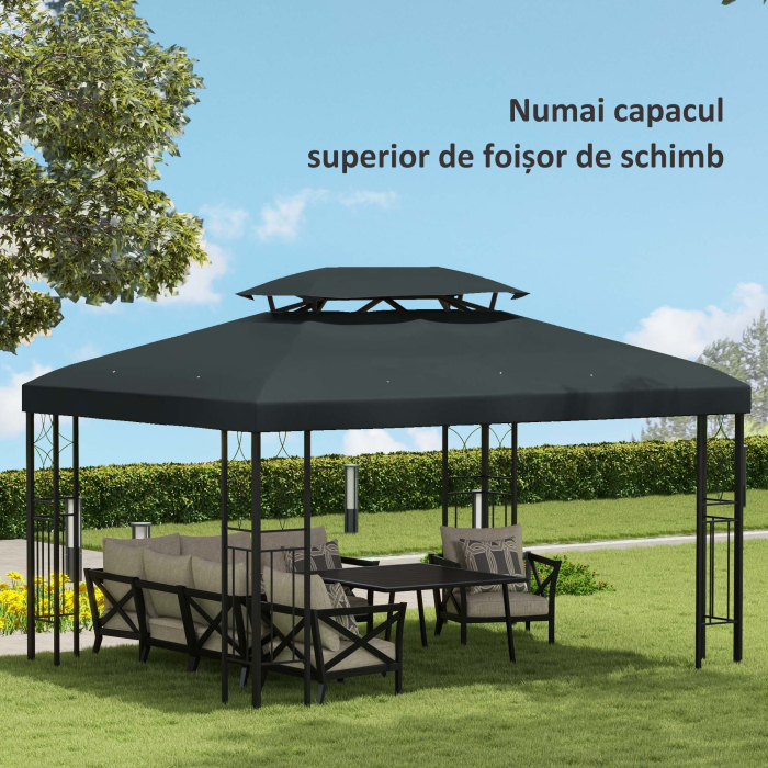  Acoperire pentru Gazebo 4x3 m cu 2 Niveluri din Poliester cu Curele si 10 Orificii de Drenaj, Gri Antracit [7]