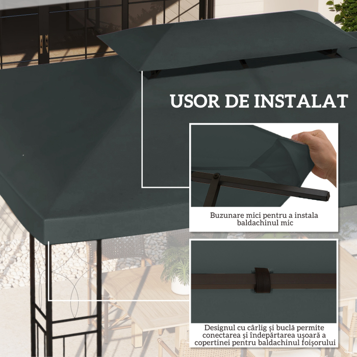  Acoperire pentru Gazebo 4x3 m cu 2 Niveluri din Poliester cu Curele si 10 Orificii de Drenaj, Gri Antracit [5]