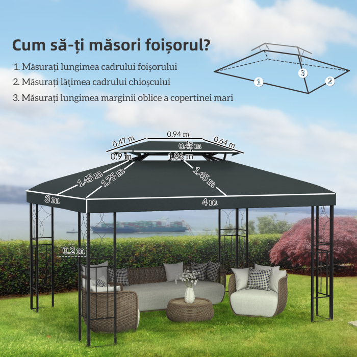  Acoperire pentru Gazebo 4x3 m cu 2 Niveluri din Poliester cu Curele si 10 Orificii de Drenaj, Gri Antracit [3]