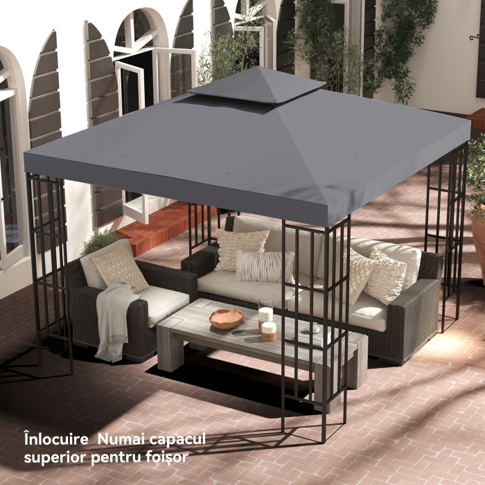  Acoperis de Rezerva pentru Foisor 3x3m cu Design pe Doua Niveluri, Rezistent la Razele UV, Gri inchis [9]