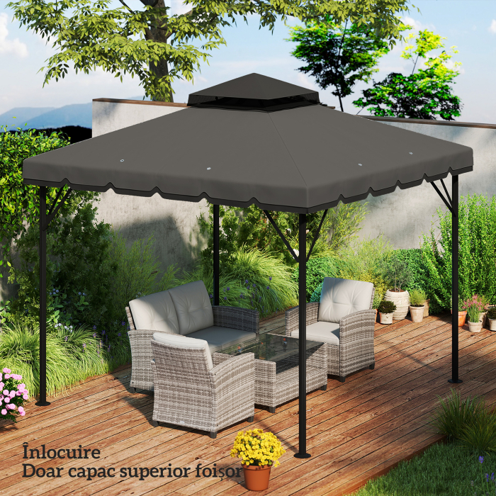  Acoperis de Rezerva pentru Pavilion 3x3 m de Gradina, Husa pentru Pavilion cu Doua Nivele Rezistenta la Apa din tesatura 180g/㎡ Anti-UV 30+ cu 8 Orificii de Drenaj, Gri [9]