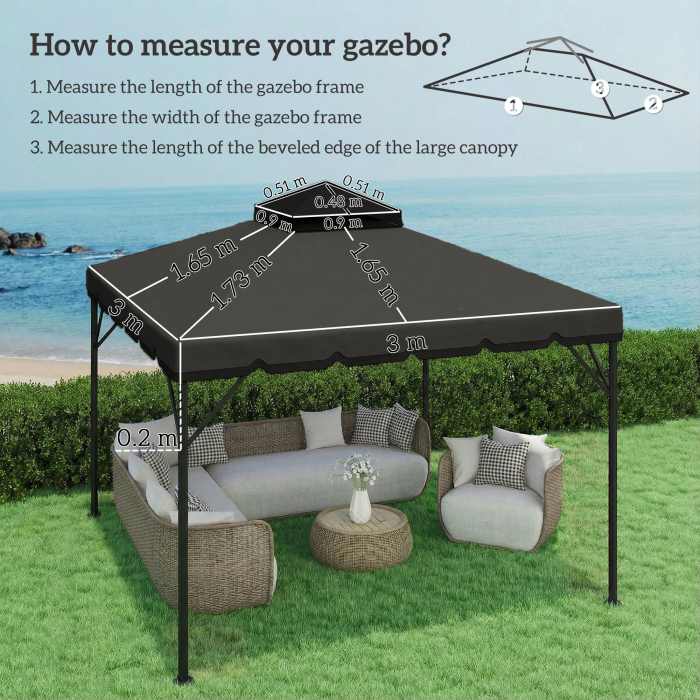  Acoperis de Rezerva pentru Pavilion 3x3 m de Gradina, Husa pentru Pavilion cu Doua Nivele Rezistenta la Apa din tesatura 180g/㎡ Anti-UV 30+ cu 8 Orificii de Drenaj, Gri [3]