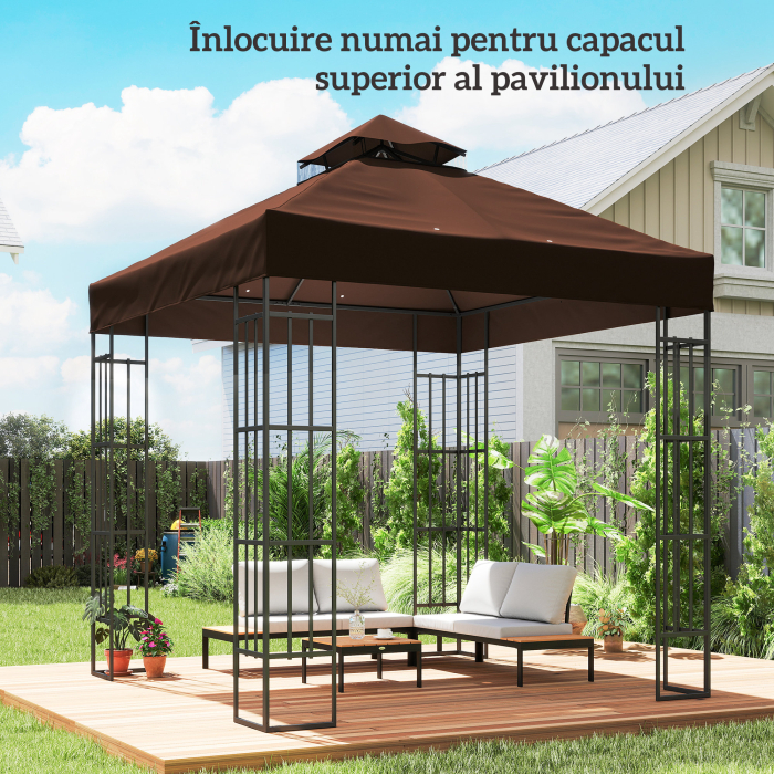  Acoperis de Schimb pentru Foisor 3x3 m cu 2 Niveluri pentru Gradina, Panza Rezistenta la Apa din tesatura Oxford 370g/㎡ Anti-UV 30+ cu Orificii de Drenaj, Cafea [2]