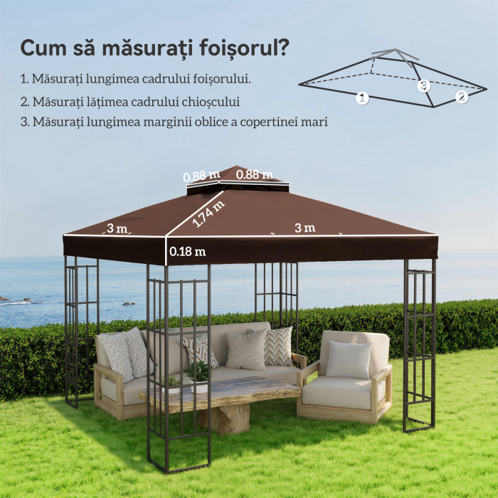  Acoperis de Schimb pentru Foisor 3x3 m cu 2 Niveluri pentru Gradina, Panza Rezistenta la Apa din tesatura Oxford 370g/㎡ Anti-UV 30+ cu Orificii de Drenaj, Cafea [3]