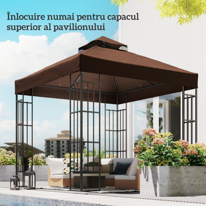  Acoperis de Schimb pentru Foisor 3x3 m cu 2 Niveluri pentru Gradina, Panza Rezistenta la Apa din tesatura Oxford 370g/㎡ Anti-UV 30+ cu Orificii de Drenaj, Cafea [9]