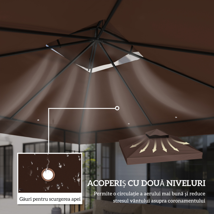  Acoperis de Schimb pentru Foisor 3x3 m cu 2 Niveluri pentru Gradina, Panza Rezistenta la Apa din tesatura Oxford 370g/㎡ Anti-UV 30+ cu Orificii de Drenaj, Cafea [4]
