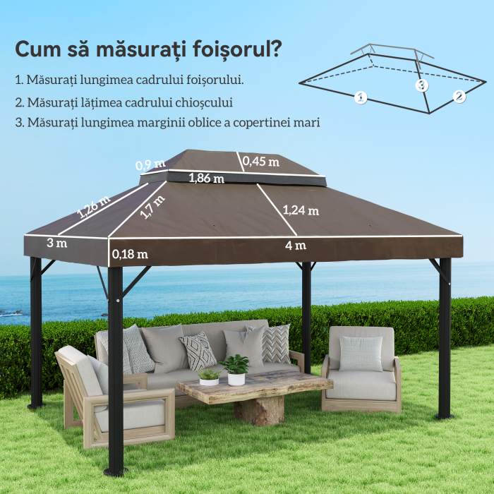  Acoperis pentru Cort de Gradina 3x4 m cu 2 Niveluri din tesatura Oxford 600D, cu Orificii de Drenaj, Cafeniu [3]
