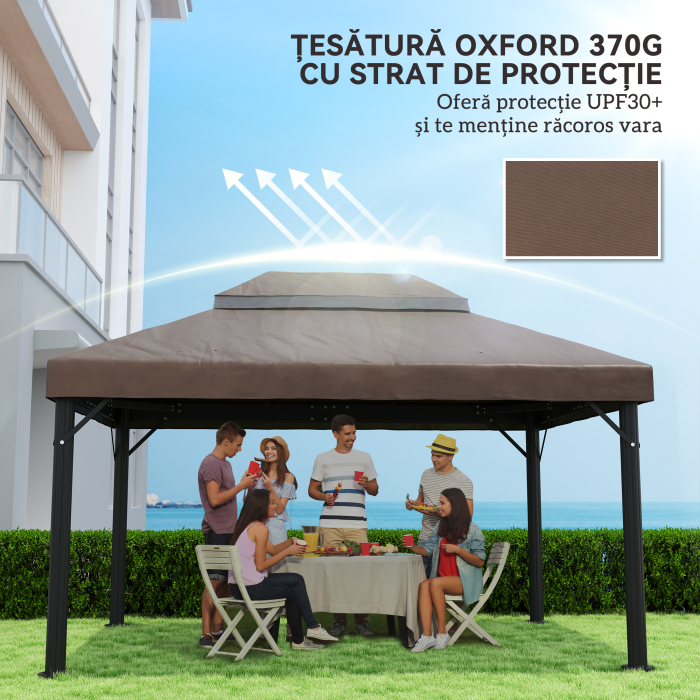  Acoperis pentru Cort de Gradina 3x4 m cu 2 Niveluri din tesatura Oxford 600D, cu Orificii de Drenaj, Cafeniu [6]