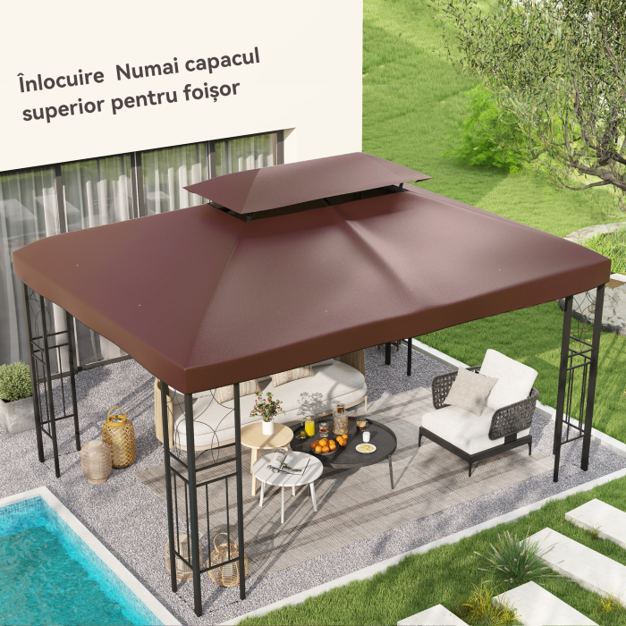  Acoperis pentru Cort de Gradina 3x4 m cu 2 Niveluri din tesatura Oxford 600D, cu Orificii de Drenaj, Cafeniu [2]