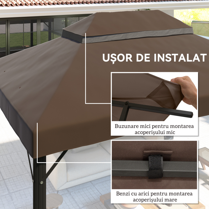  Acoperis pentru Cort de Gradina 3x4 m cu 2 Niveluri din tesatura Oxford 600D, cu Orificii de Drenaj, Cafeniu [5]