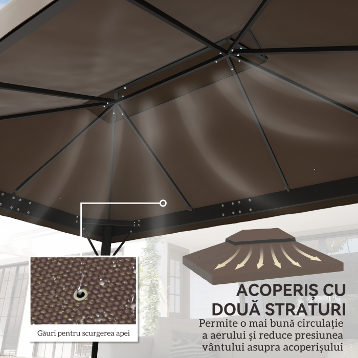  Acoperis pentru Cort de Gradina 3x4 m cu 2 Niveluri din tesatura Oxford 600D, cu Orificii de Drenaj, Cafeniu [4]