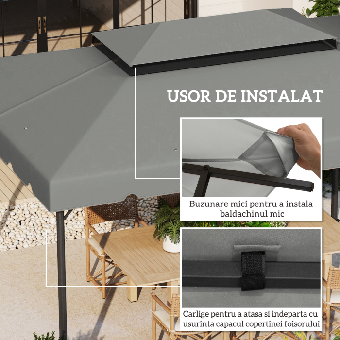  Acoperis pentru Foisor 3x4 m cu 2 Nivele si 8 Gauri de Drenaj din Poliester Gri Deschis [5]